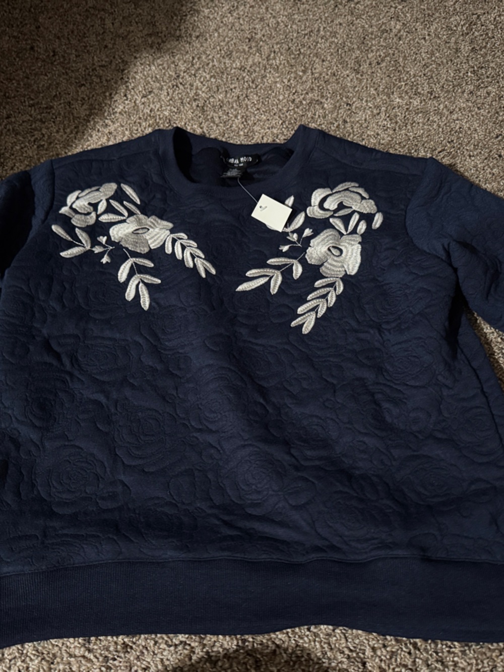 Francesca's Collections Navy Sweatshirt with White Floral Embroidery
